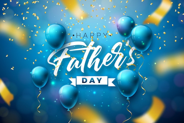 Happy Father's Day Greeting Card Design with Blue Balloon and Falling Confetti on Shiny Background