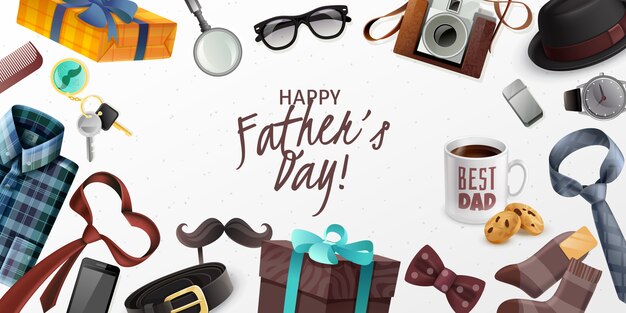 Happy fathers day greeting card horizontal banner with classic male accessories retro camera presents realistic 