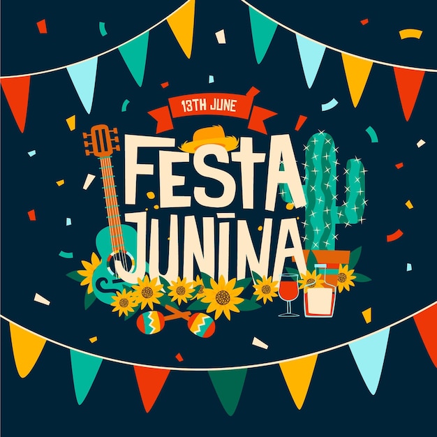 Happy festa junina festival with musical instruments