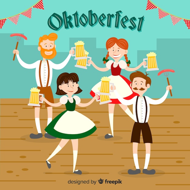 Happy flat characters celebrating oktoberfest