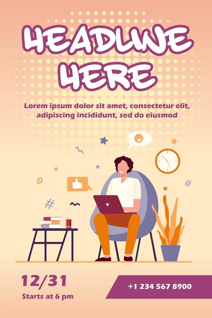 Happy freelancer with computer at home flyer template