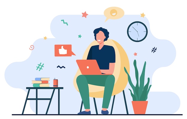 Happy freelancer with computer at home. Young man sitting in armchair and using laptop, chatting online and smiling. Vector illustration for distance work, online learning, freelance