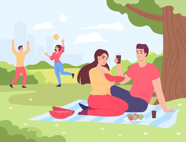 Happy friends eating together in park. Young man and woman playing ball game outdoors flat vector illustration. Vacation, communication, friendship concept for banner, website design or landing page