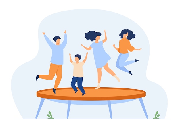 Free Vector happy friends jumping on trampoline flat vector illustration. cartoon people having fun and bouncing