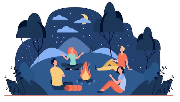 Free vector happy friends sitting near campfire at summer night flat illustration. cartoon people telling scary story near fire