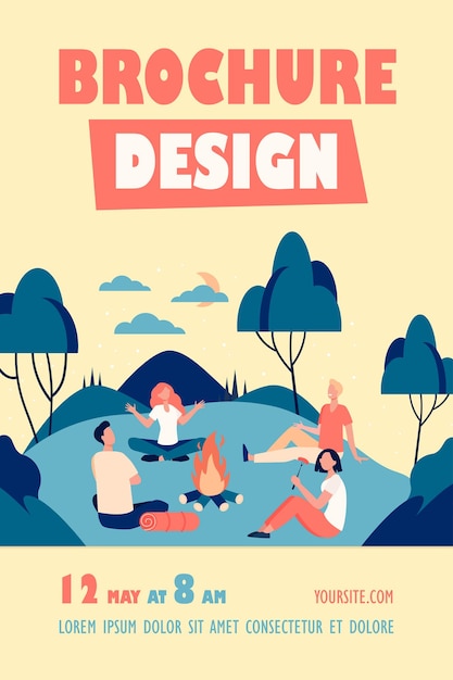 Free Vector happy friends sitting near campfire at summer night flyer template