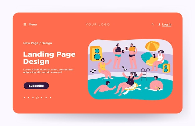 Happy friends spending leisure time at swimming pool on vacation landing page