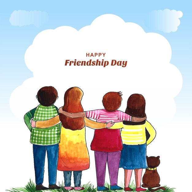 Happy friendship day greeting card with four child friends background