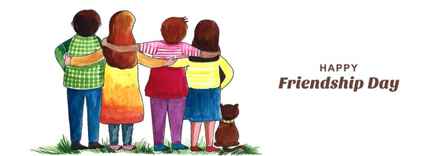 Happy friendship day greeting card with four child friends banner background