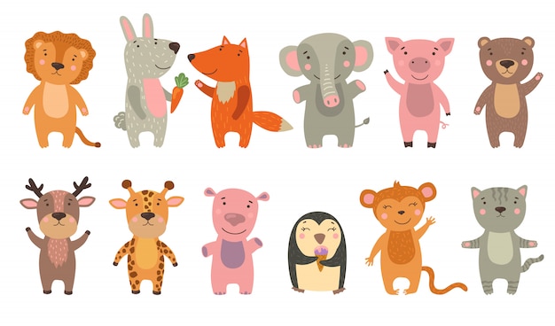 Happy funny cartoon animals set