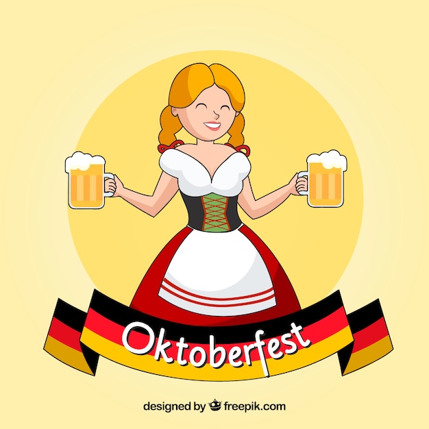 Happy geman woman with beer mugs and german flag