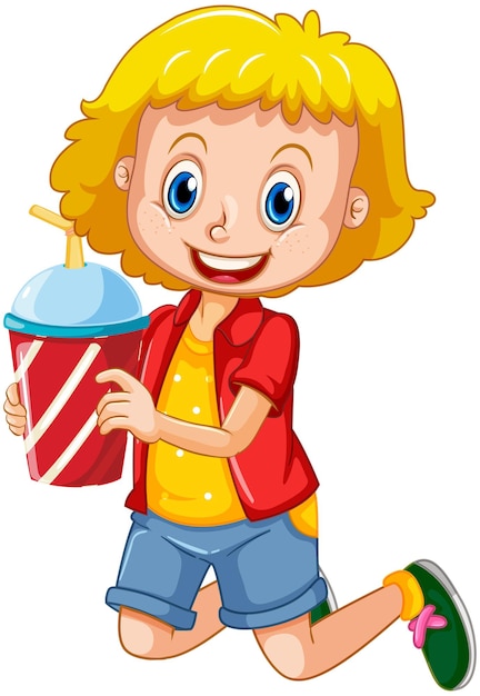 Happy girl cartoon character holding a drink plastic cup