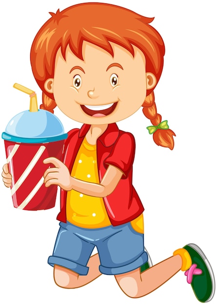 Happy girl cartoon character holding a drink plastic cup