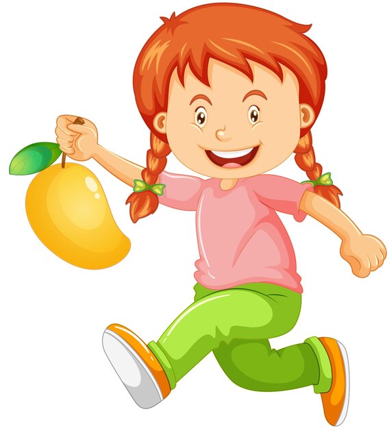 Happy girl cartoon character holding a mango