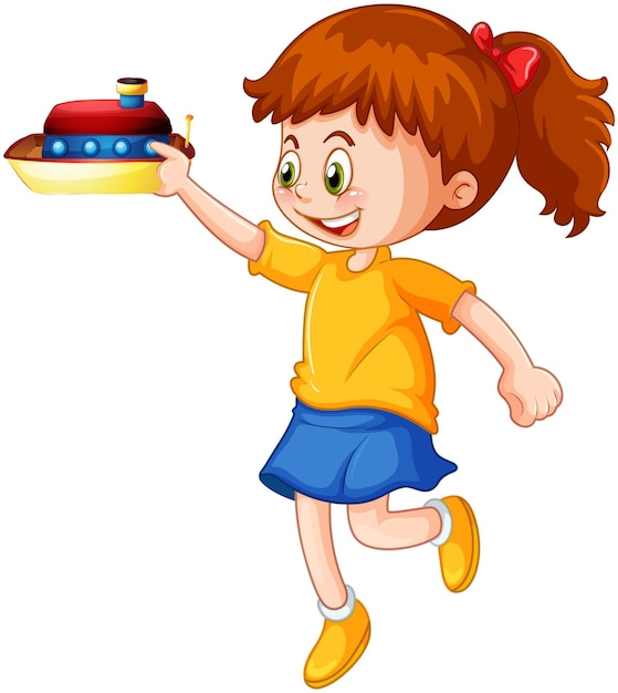 Happy girl cartoon character holding a toy ship