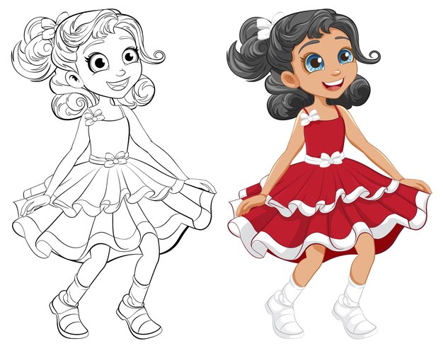 Free Vector happy girl dancing cartoon character and outline for coloring pages