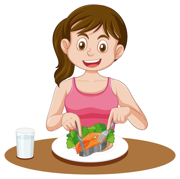 Free Vector happy girl eating healthy salmon at table