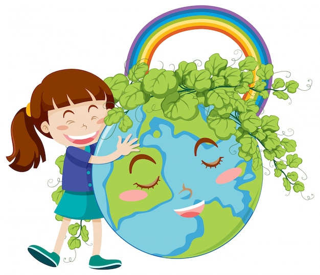 Happy girl hugging big earth on white