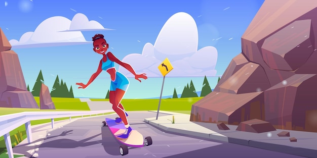 Free Vector happy girl riding on skateboard on road