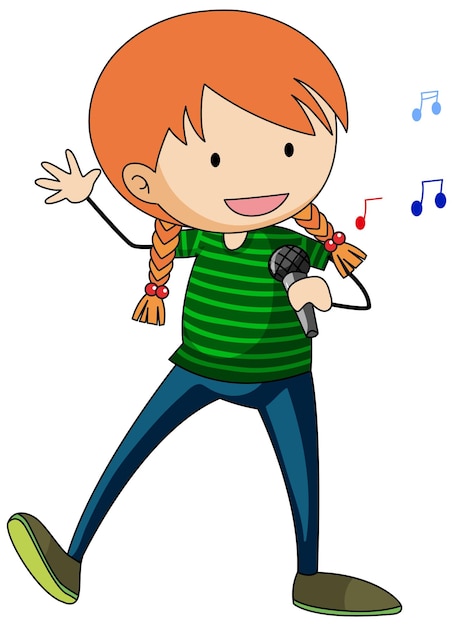 Happy girl's singing doodle cartoon character isolated