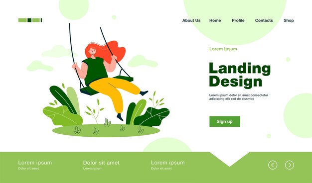 Happy girl and sitting on swing, smiling and swinging landing page in flat style