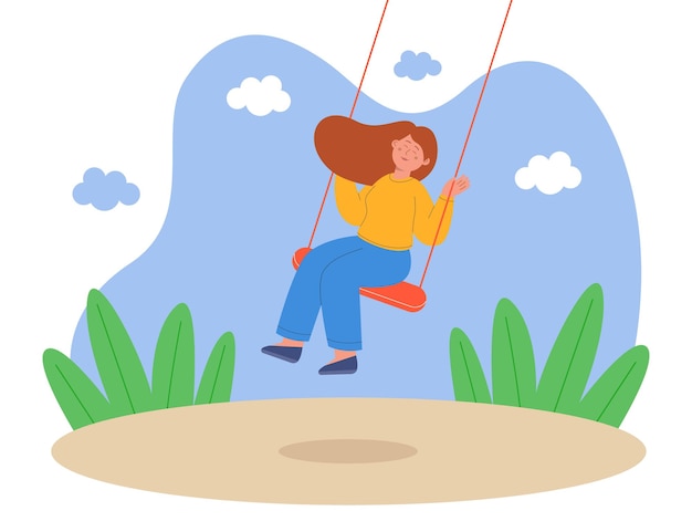 Happy girl swinging on swing in park flat vector illustration. Cheerful female character with closed eyes in good mood enjoying adult life, having fun and relaxing. Leisure, lifestyle concept