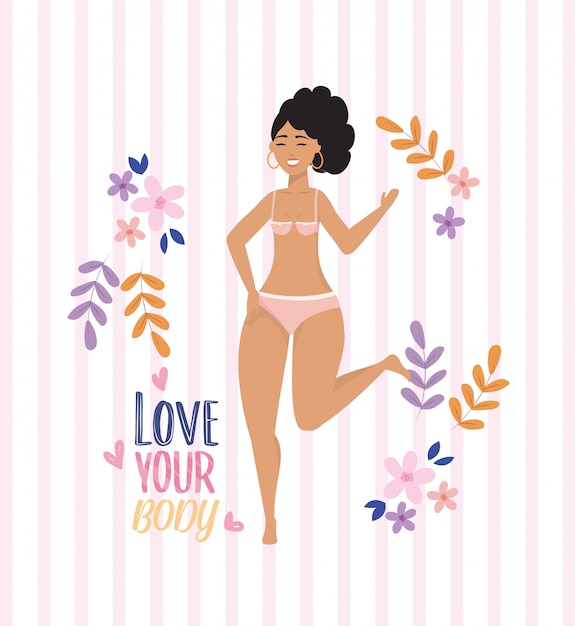 Free Vector happy girl wearing underclothes with flowers and plants