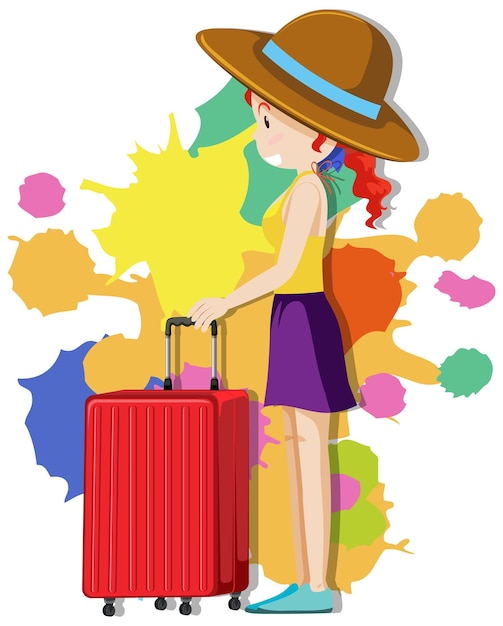 Happy girl with red luggage on colorful background