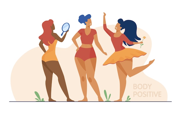 Happy girls admiring their bodies flat illustration