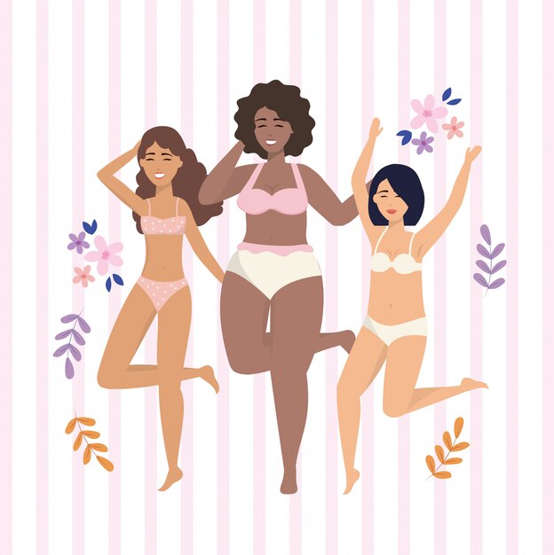 Happy girls wearing underclothes with flowers and plants