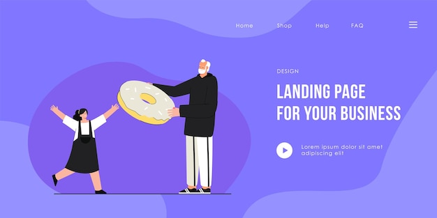 Happy grandfather giving donut to his granddaughter landing page template