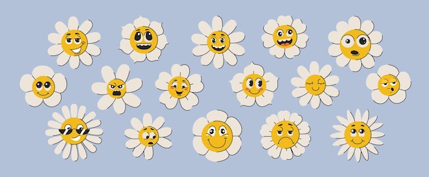 Free Vector happy groovy daisy flowers face set funky flower characters cute smiling chamomiles with sunglasses