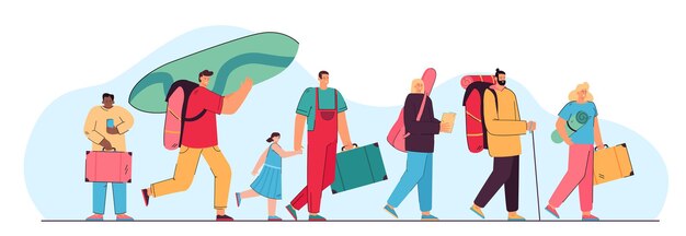 Happy group of tourists walking with suitcases isolated flat illustration