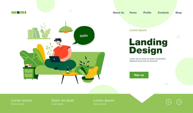 Happy guy sitting on sofa and working from home landing page in flat style