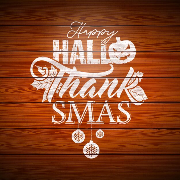 Happy hallothanksmas halloween thanksgiving christmas design with pumpkin leaves and christmas ball ...