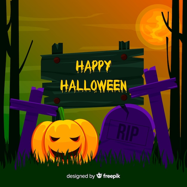 Free Vector happy halloween background with evil pumpkins and cemetery