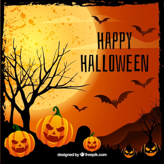 Free Vector happy halloween background with pumpkins and bats