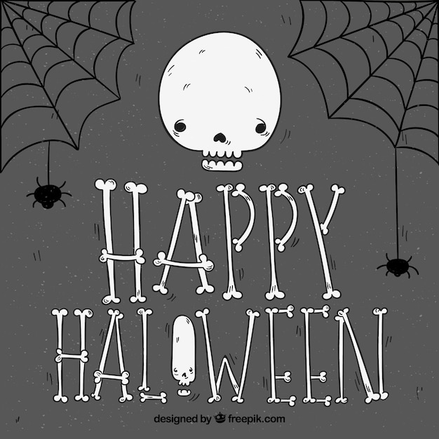 Free Vector happy halloween background with skull and hand drawn cobwebs