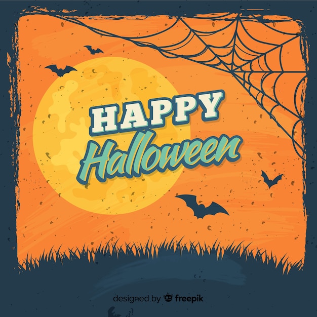 Happy halloween background with spider web, bats and full moon