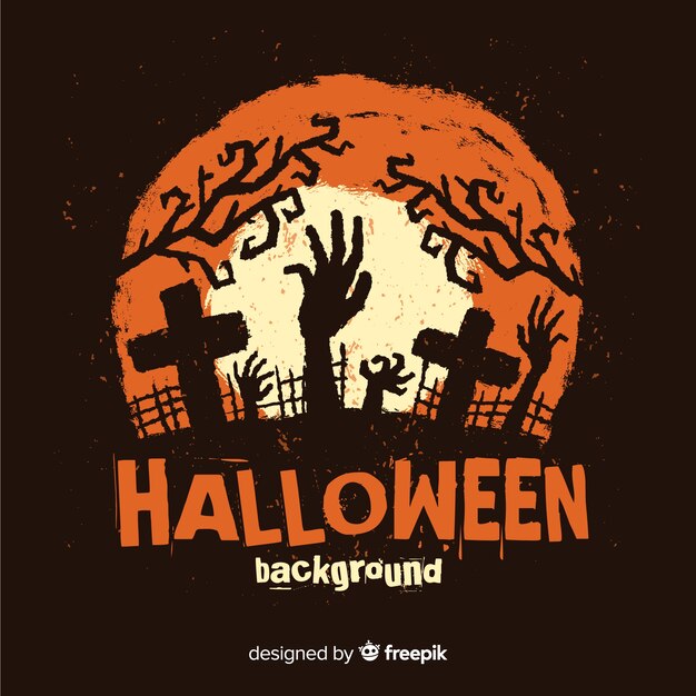 Happy halloween background with zombie hand and cemetery