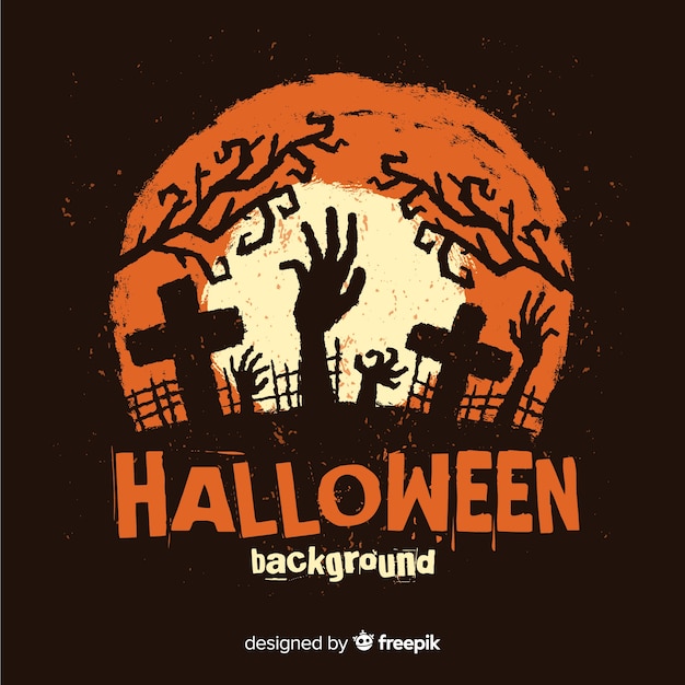 Happy halloween background with zombie hand and cemetery