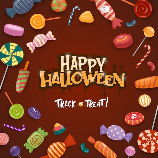 Free Vector happy halloween celebration with sweet and candies