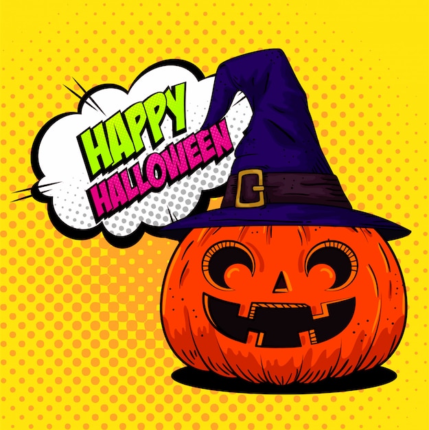 Free Vector happy halloween greeting card with pumpkin with witch hat in pop-art style