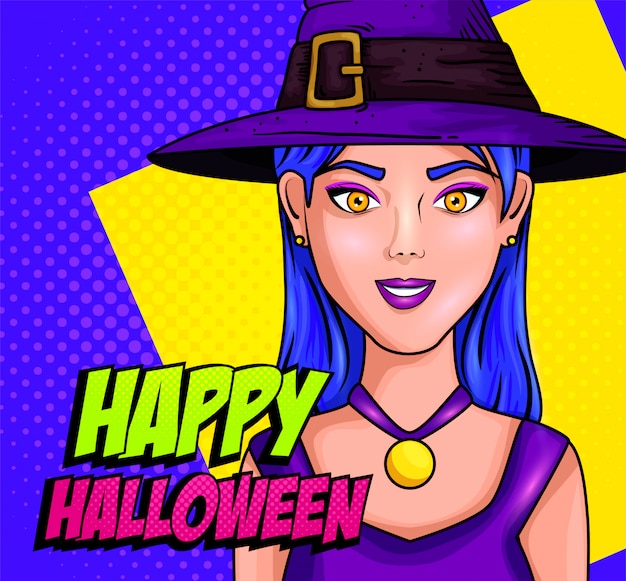 Free Vector happy halloween greeting card. young woman disguised a witch in pop-art style