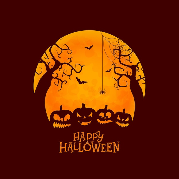 Happy Halloween Illustration with Cute Scary Pumpkin and Flying Bats on Orange Moon Background