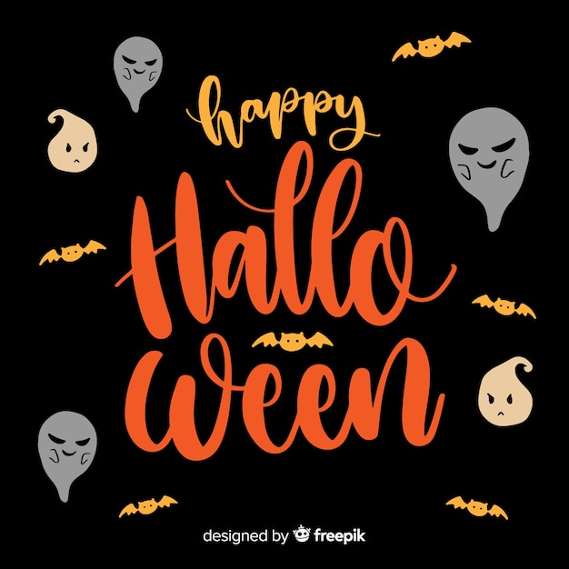 Happy halloween lettering background with ghosts