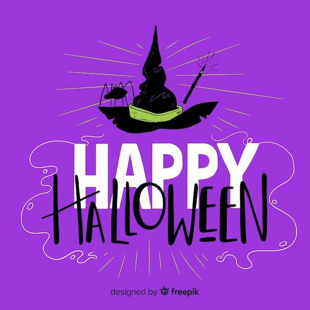 Free Vector happy halloween lettering background with witch hat