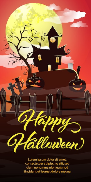 Happy Halloween lettering. House, cemetery and pumpkins