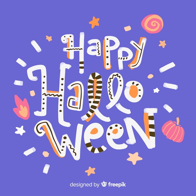 Free Vector happy halloween lettering with candies and pumpkins