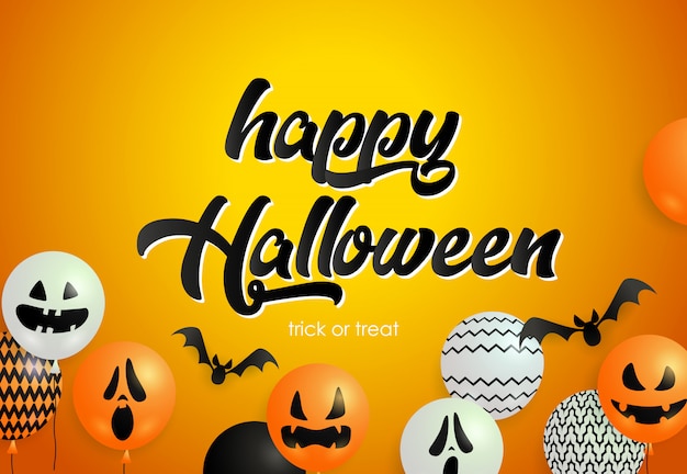 Happy Halloween lettering with flying bats, ugly mask balloons